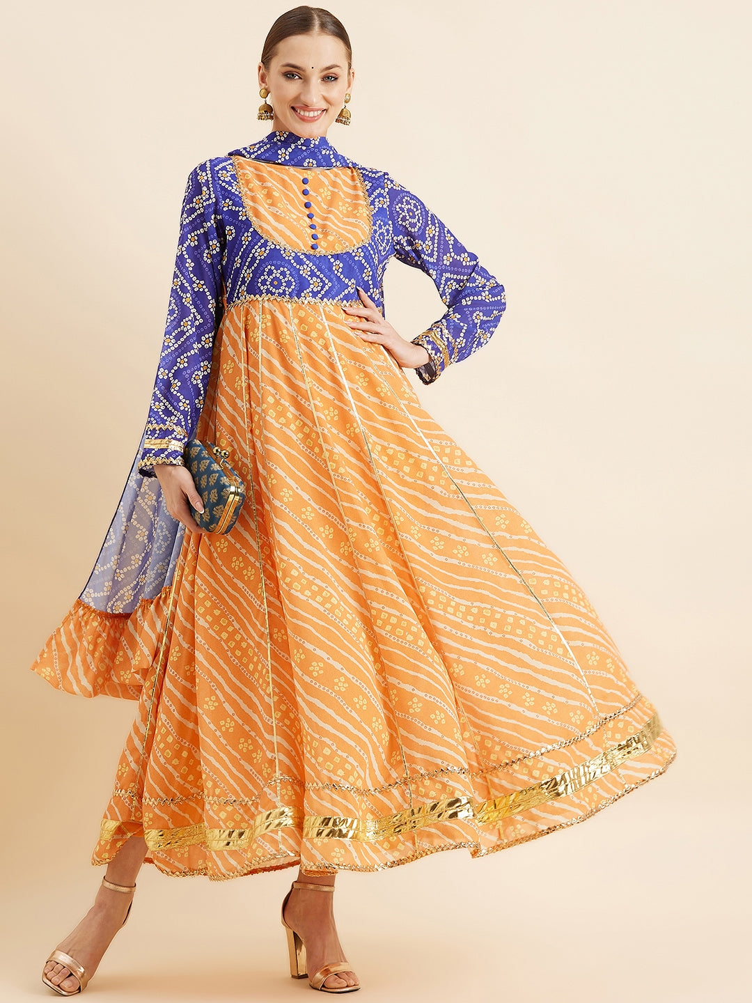 Yellow & Blue Bandhani Printed Kurta With Dupatta