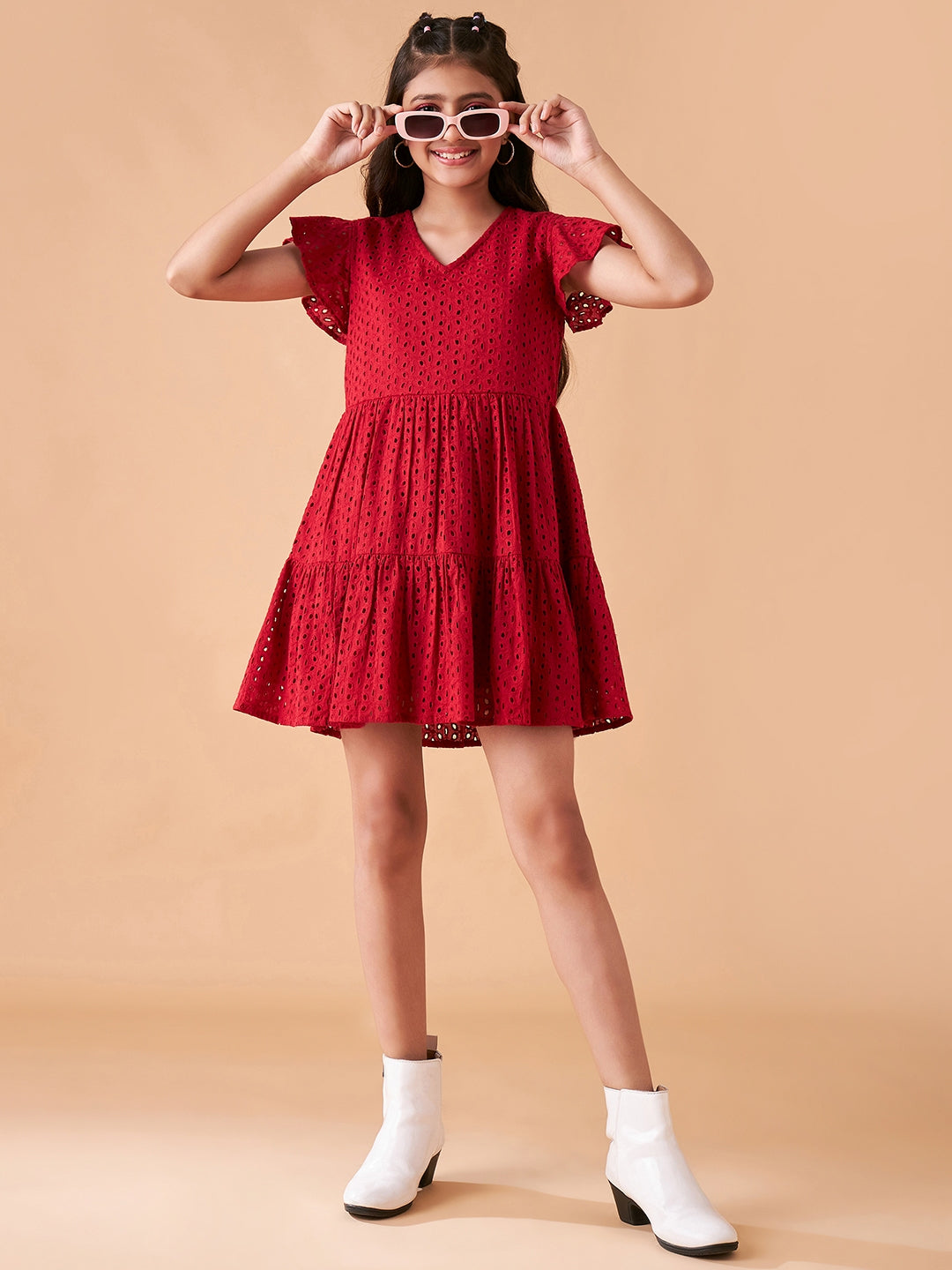 Girls Maroon Flutter Sleeve Fit & Flare Short Dress