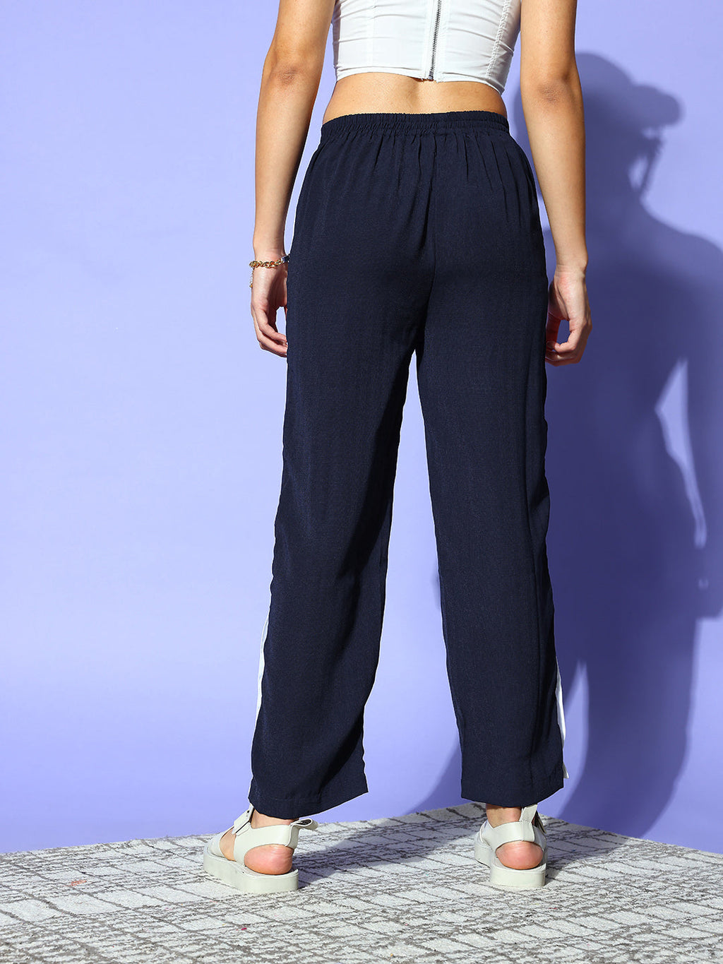 PANIT Women Navy Blue Solid Roman Column Trousers