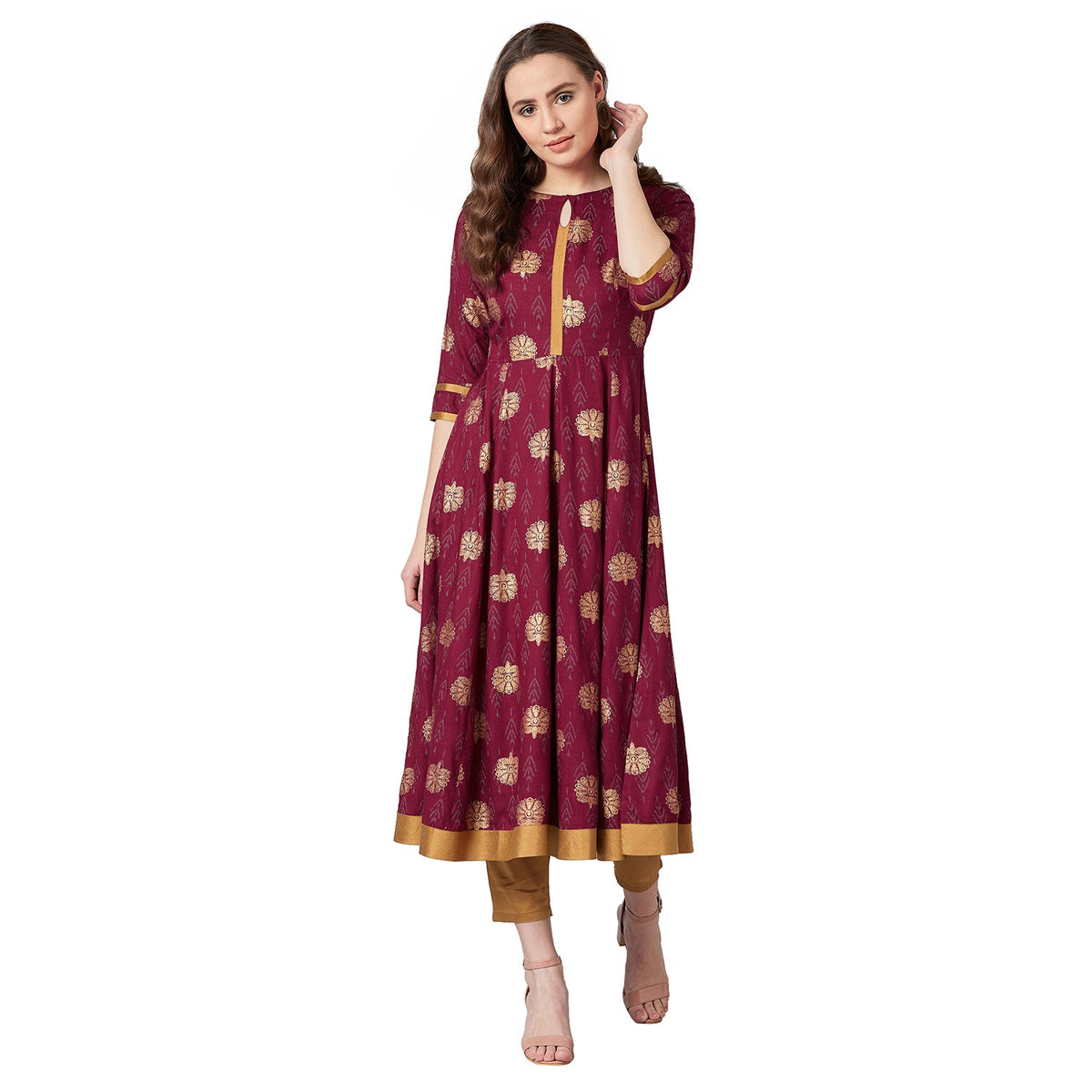 Women Maroon Printed Anarkali Kurta