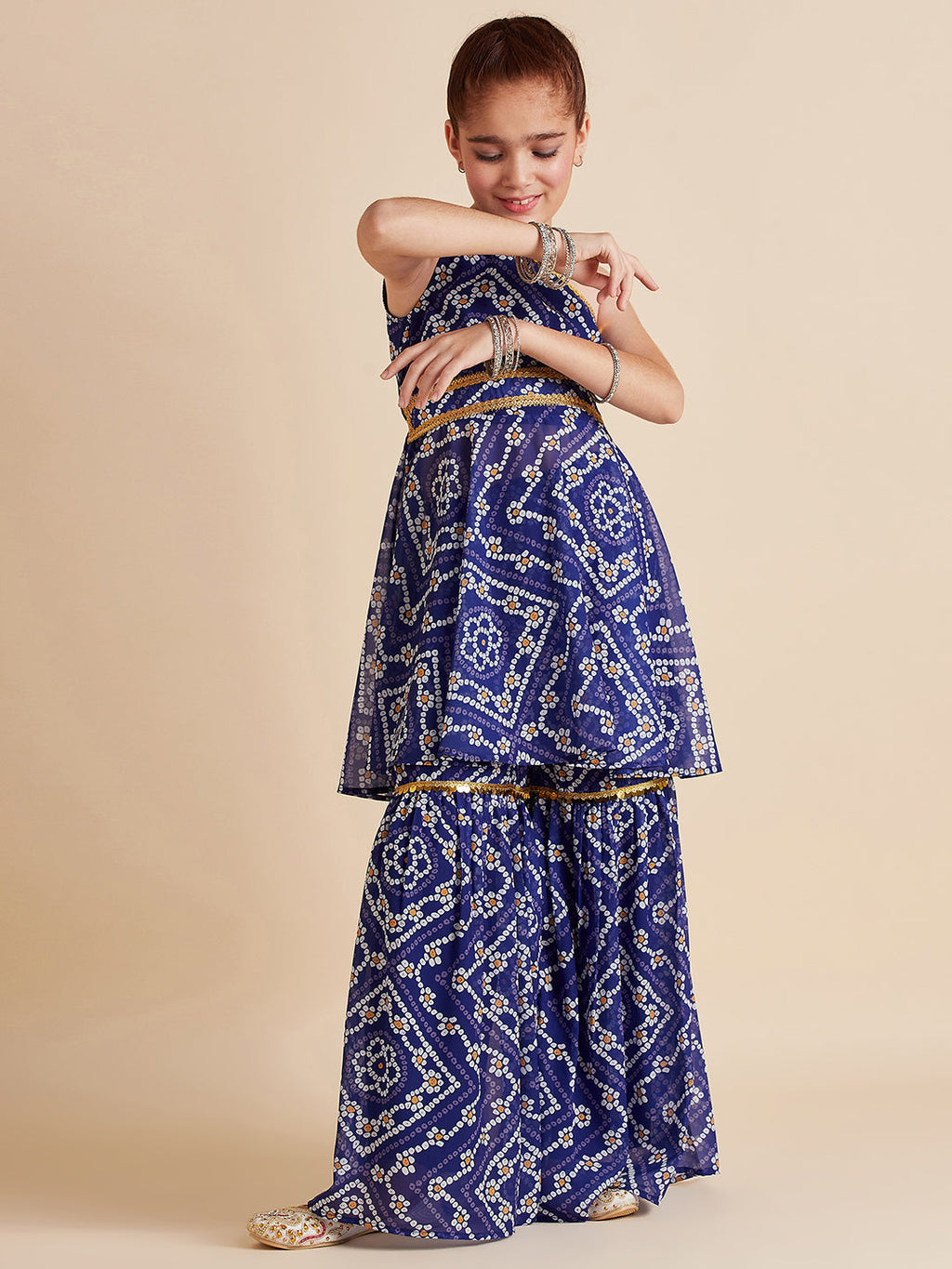 Girls Blue Bandhani Printed Empire Gotta Patti Kurta with Sharara