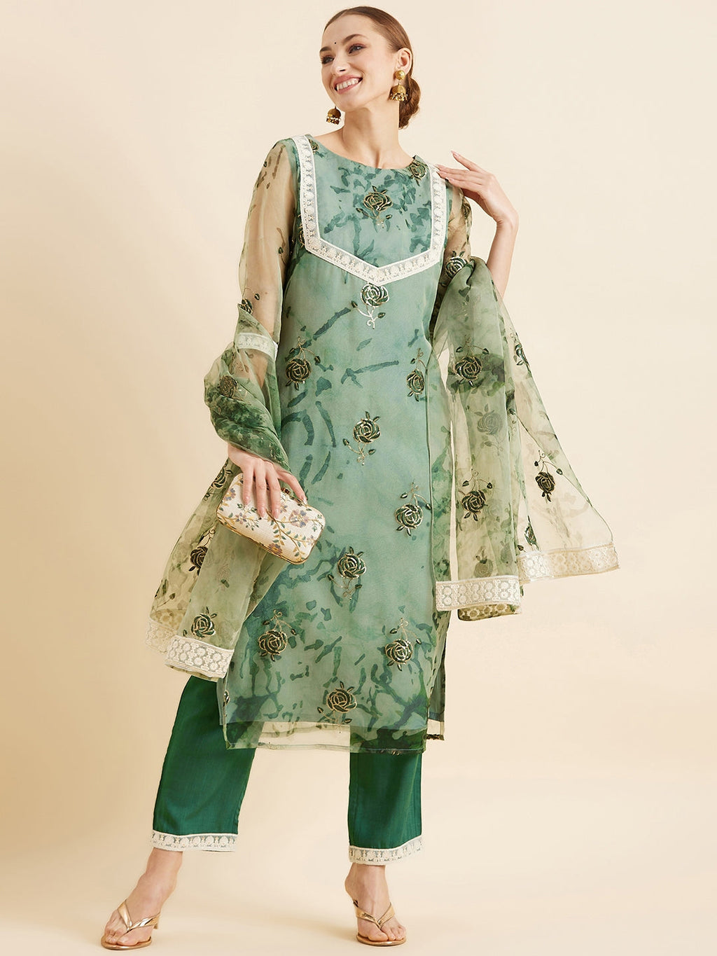 Floral Embroidered Kurta With Trousers & Dupatta