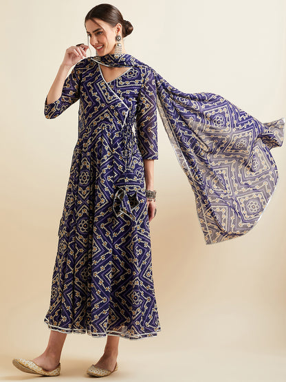Bandhani Printed Georgette Angrakha Ethnic Dress With Dupatta