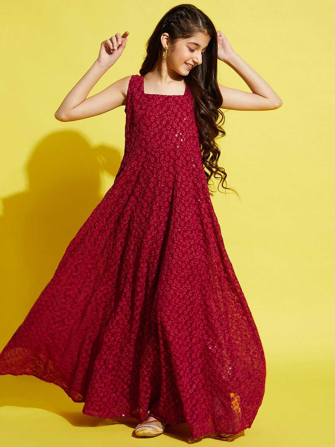 Maroon Floral Embroidered Ethnic Maxi Dress