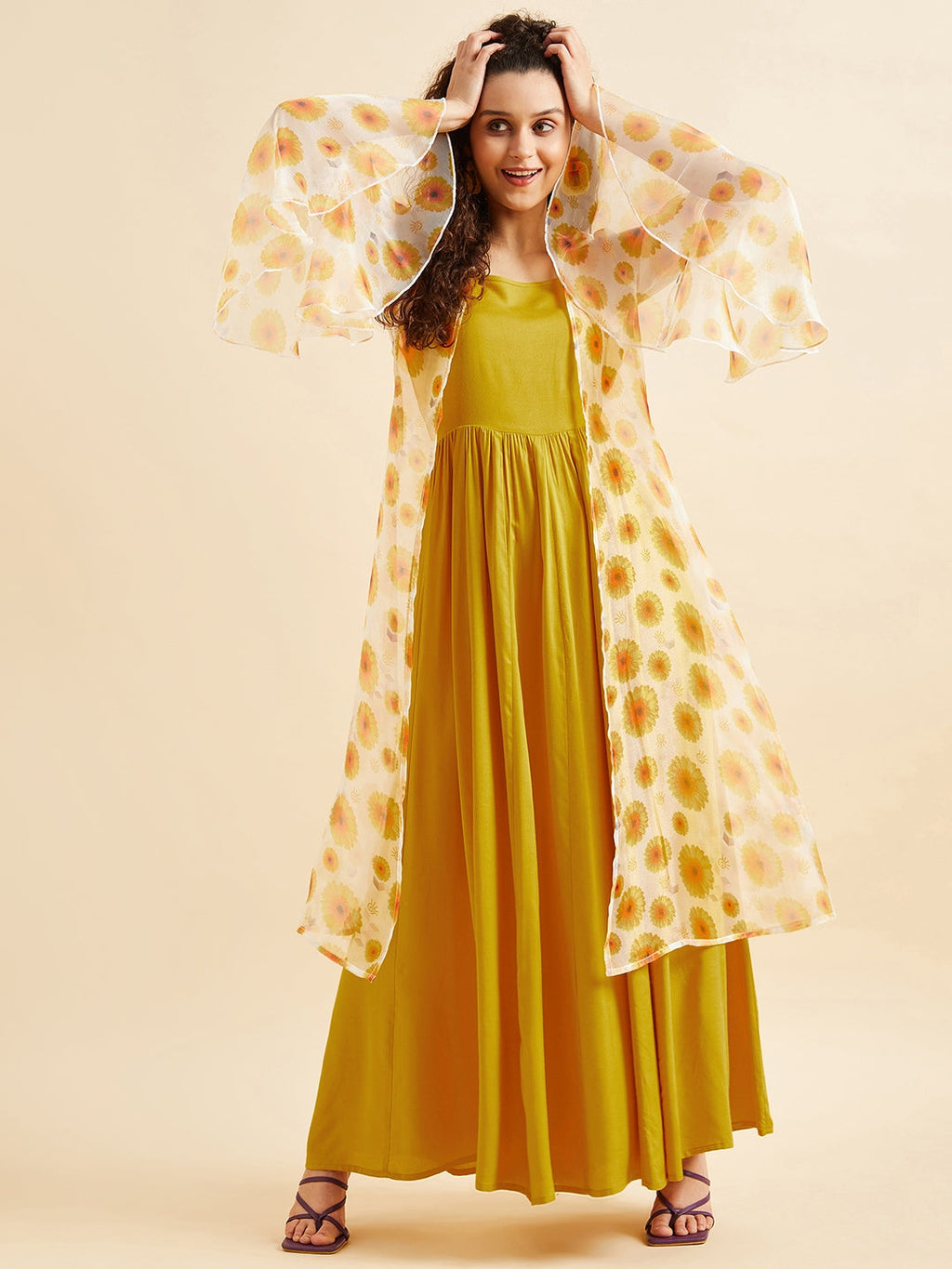 Shoulder Straps Fit & Flare Maxi Ethnic Dress With Printed Shrug