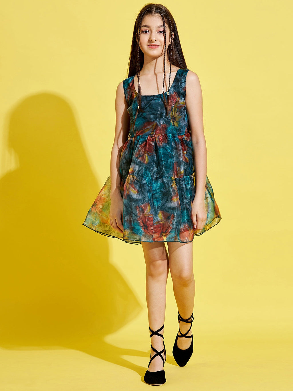 Girls Teal & Rust Floral Dress