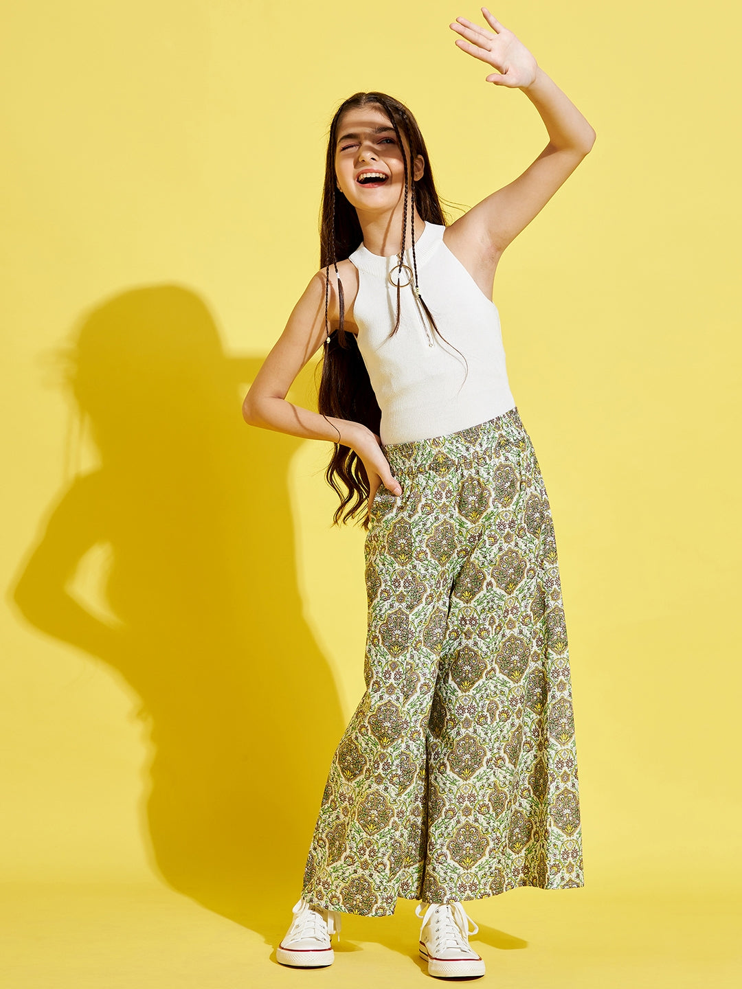 Cherry Jerry Girls Green Floral Printed Relaxed Trouser