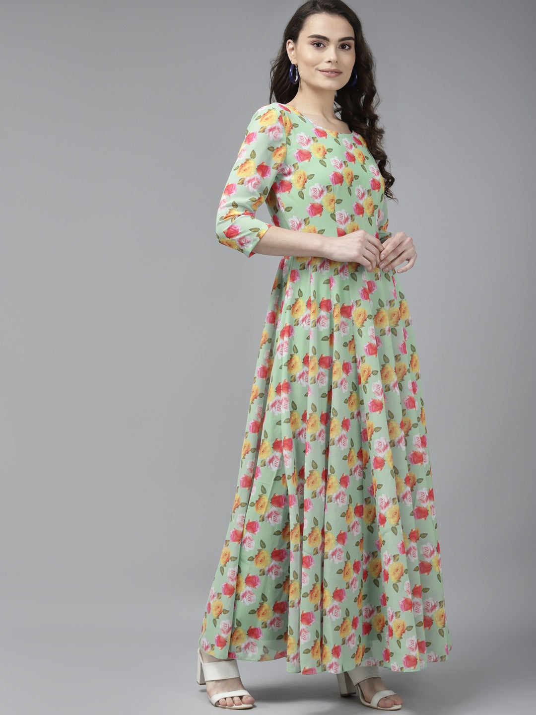 Green & Yellow Floral Georgette Maxi Dress