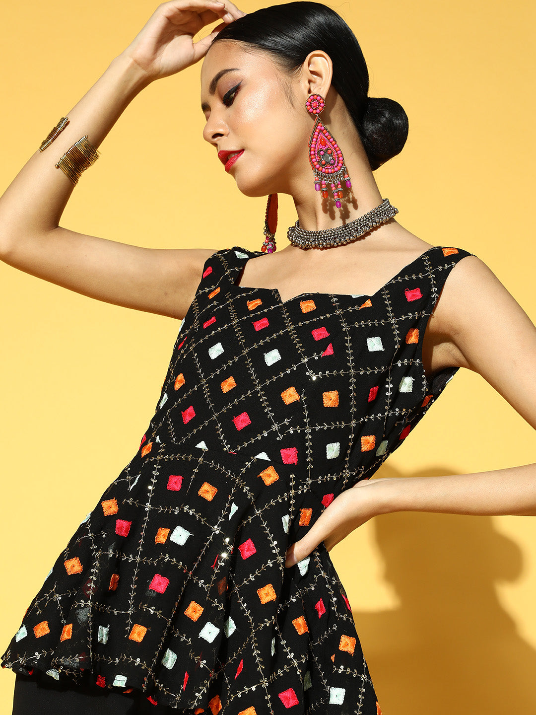 Women Black Embroidered Kurti with Palazzo