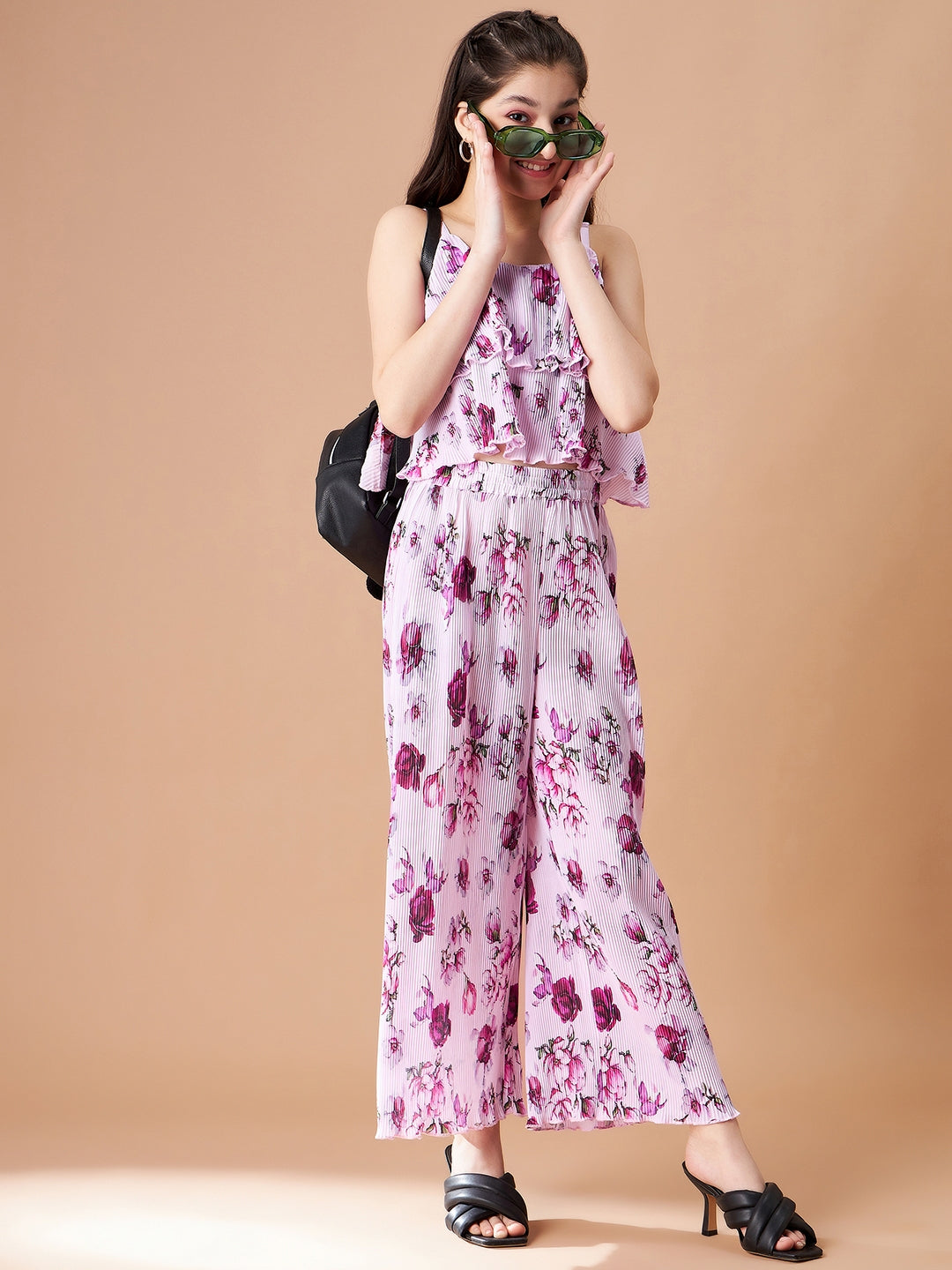 Girls Pink Floral Printed Top with Trousers