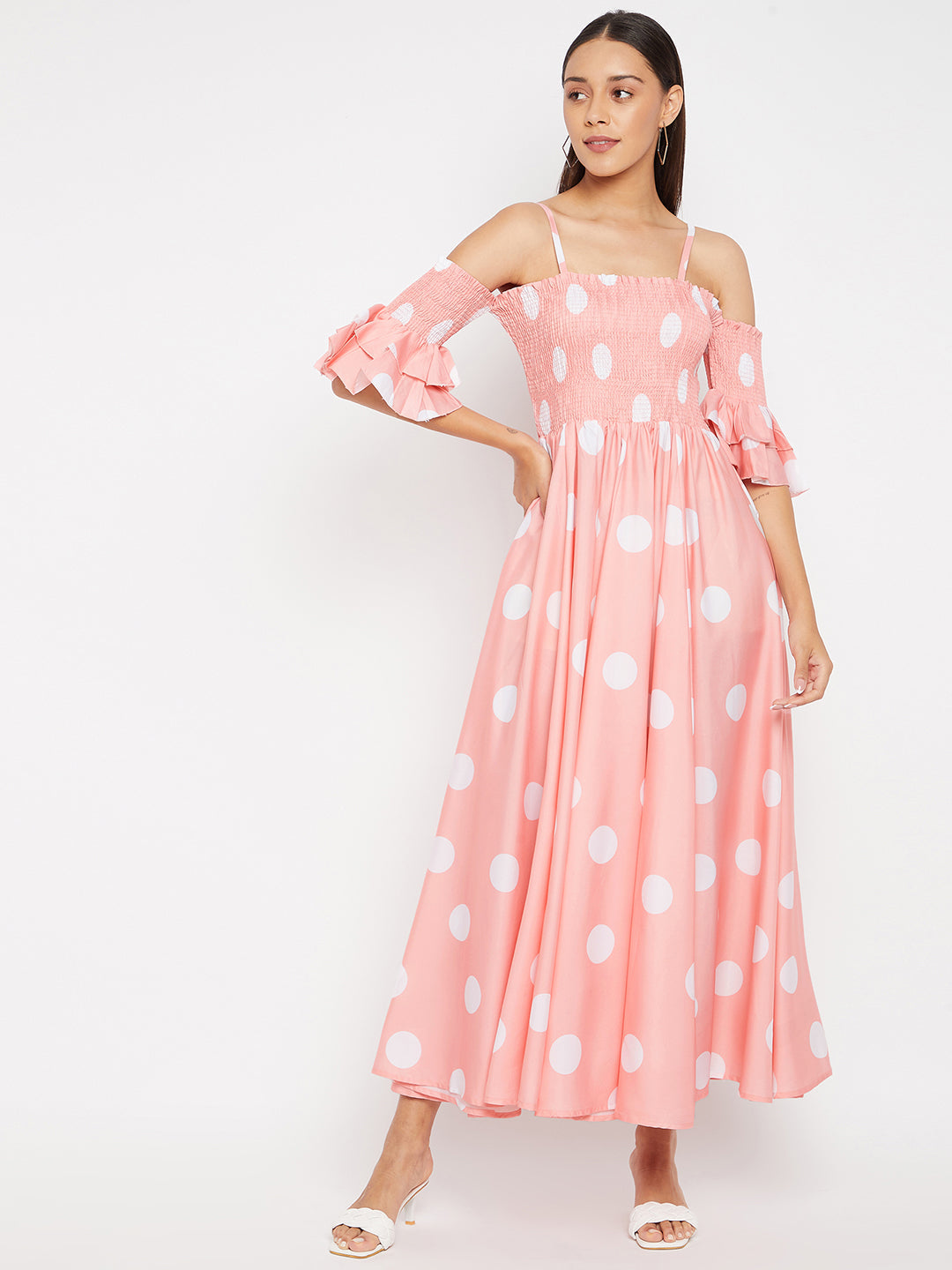 Women Pink Base and White Polka Dot Printed Maxi Dress