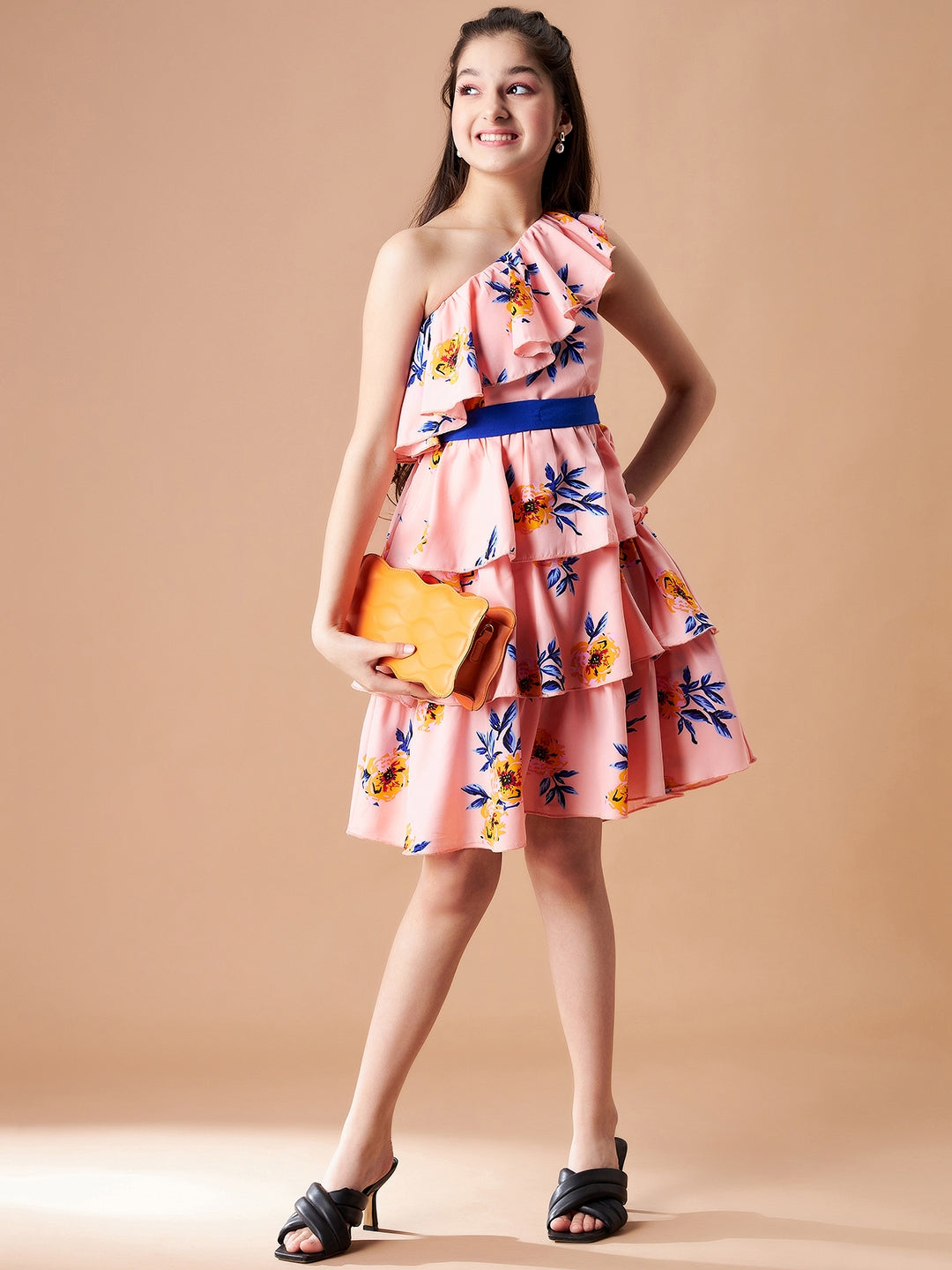 Girls Floral Printed One Shoulder Layered Fit & Flare Dress
