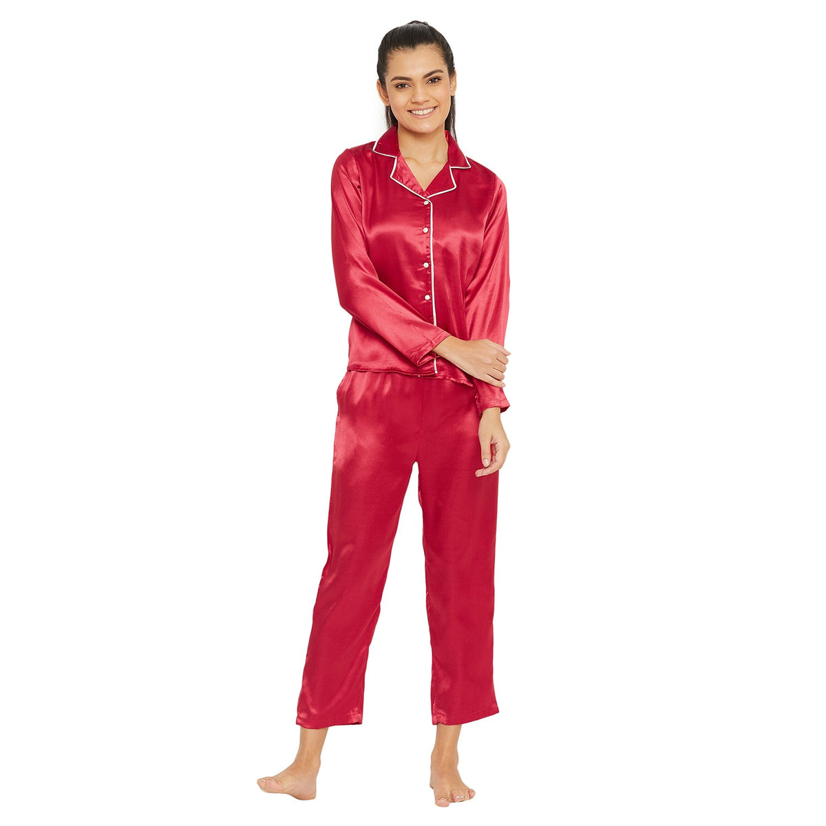 Women Red Satin Finish Solid Night Suit