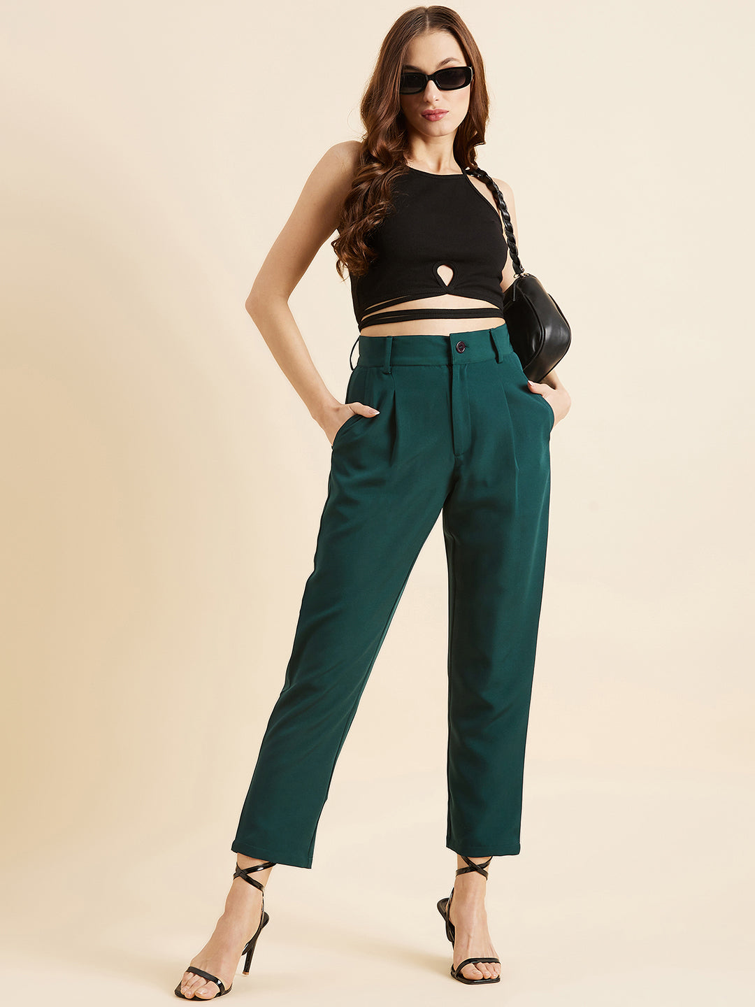 Green Relaxed Straight Fit High-Rise Pleated Formal Trousers