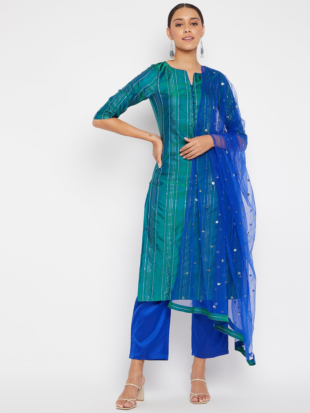 Women Green Blue Sequin Straight Kurta Set with Dupatta