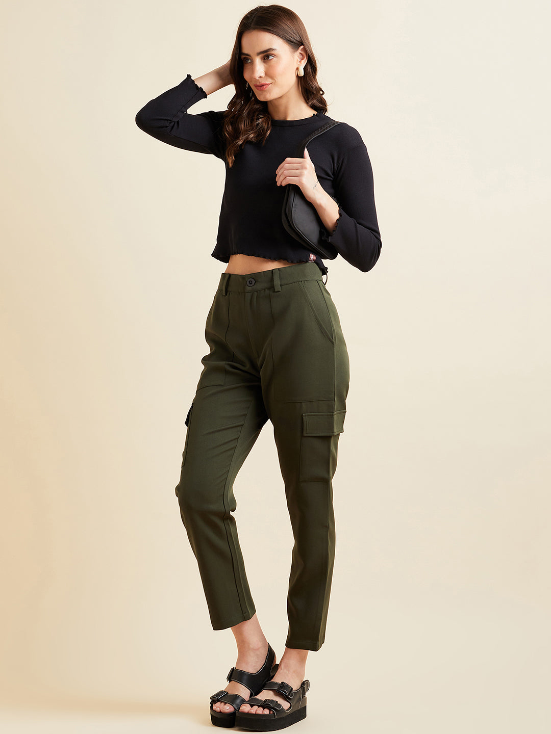 Olive Smart Slim Fit Wrinkle Free Cigarette Trousers