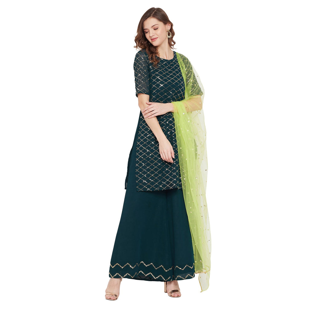 Dark green jaal embroidered kurta and sharara with lime green dupatta