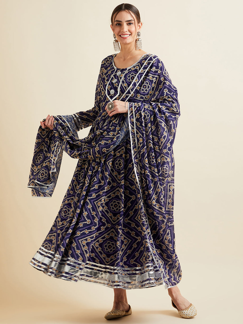 Blue Bandhani Printed Fit & Flared Maxi Ethnic Dress With Dupatta
