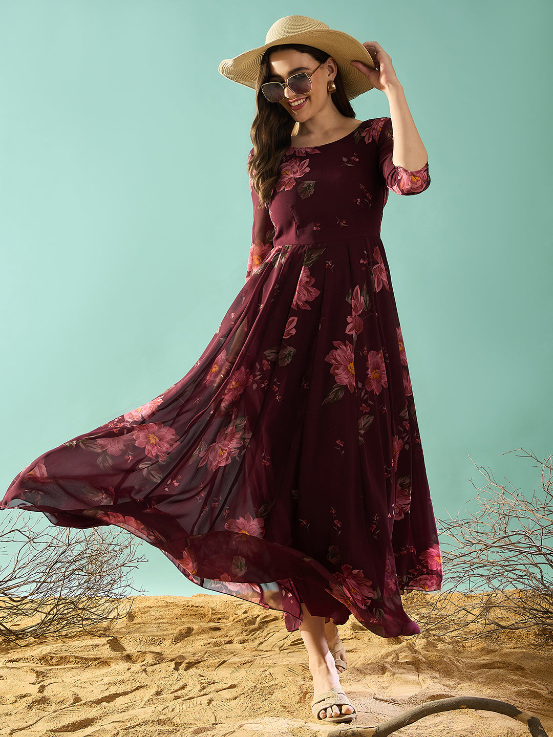 Maroon Floral Printed Fit and Flared Maxi Dress