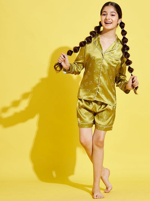 Cherry  Jerry Girls Green  White Printed Night suit