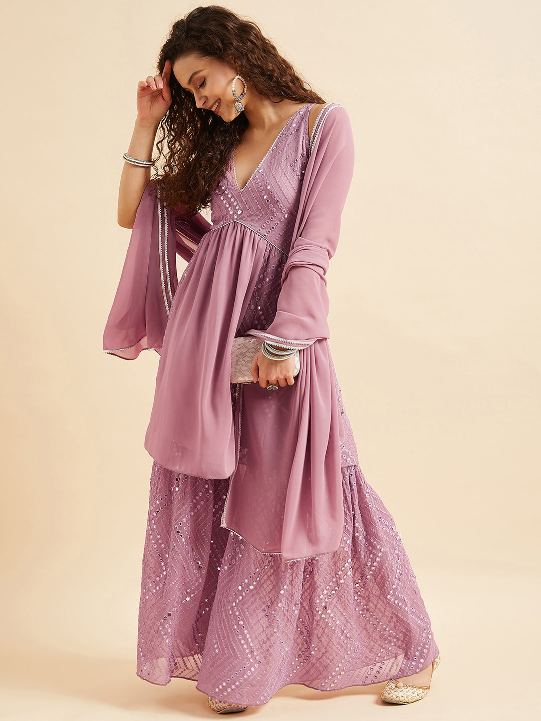 Pink Embellished Mirror Work Kurta With Sharara & Dupatta