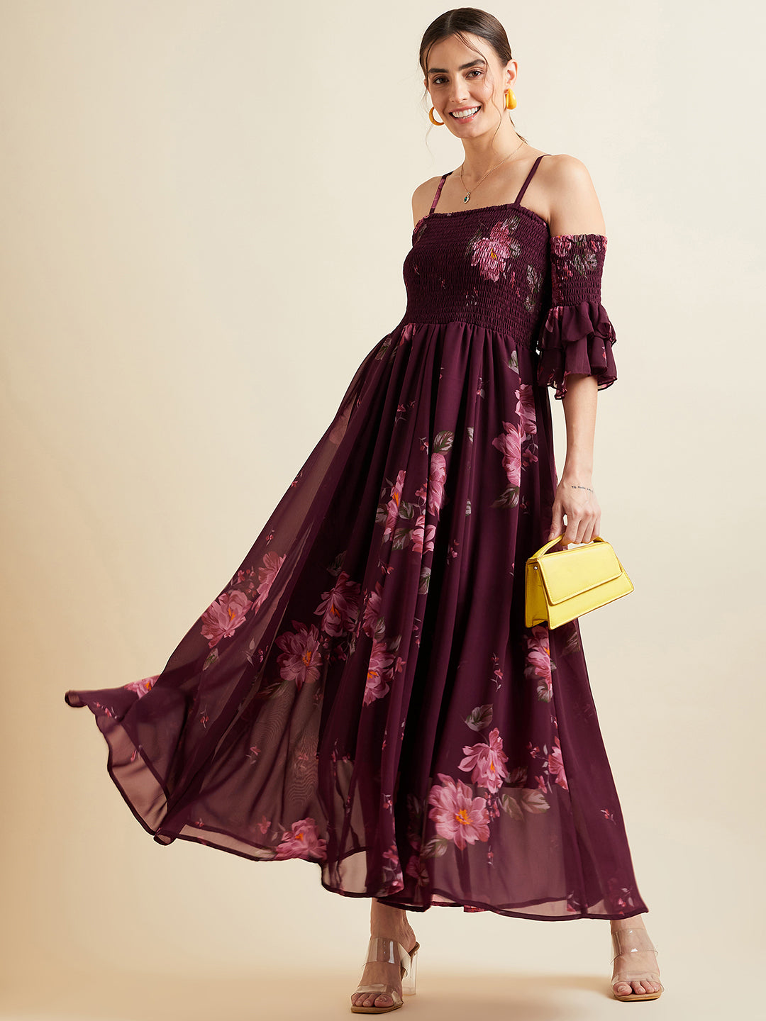 Burgundy & Pink Floral Printed Shoulder Straps Smocked Georgette Maxi Dress