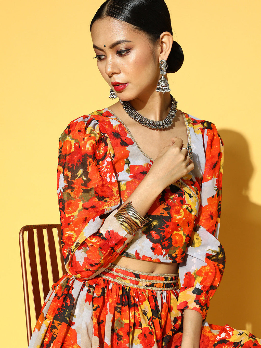 Orange & Grey Floral Print Ready to Wear Lehenga & Choli