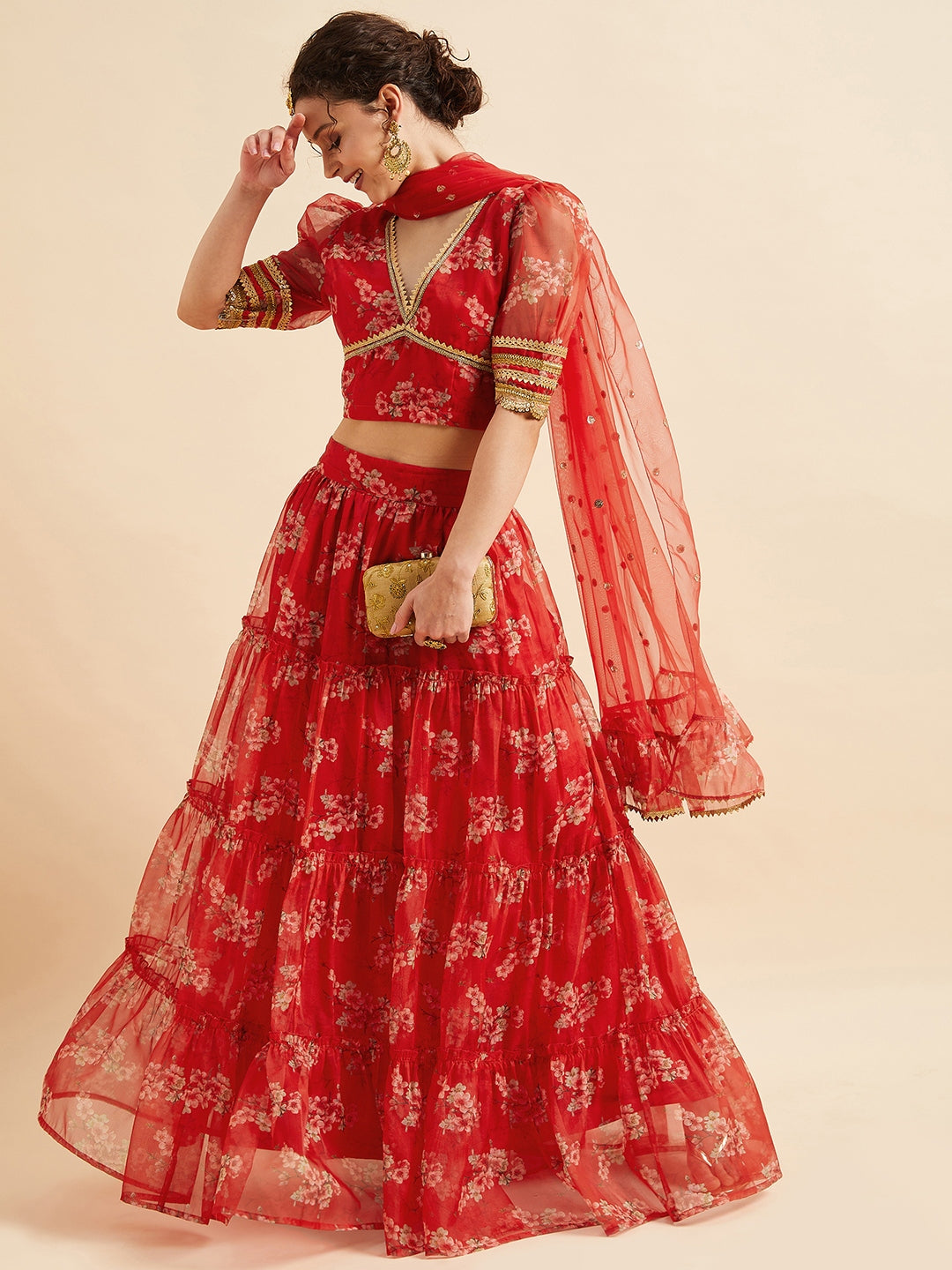 Red Floral Printed Ready to Wear Lehenga & Blouse With Dupatta