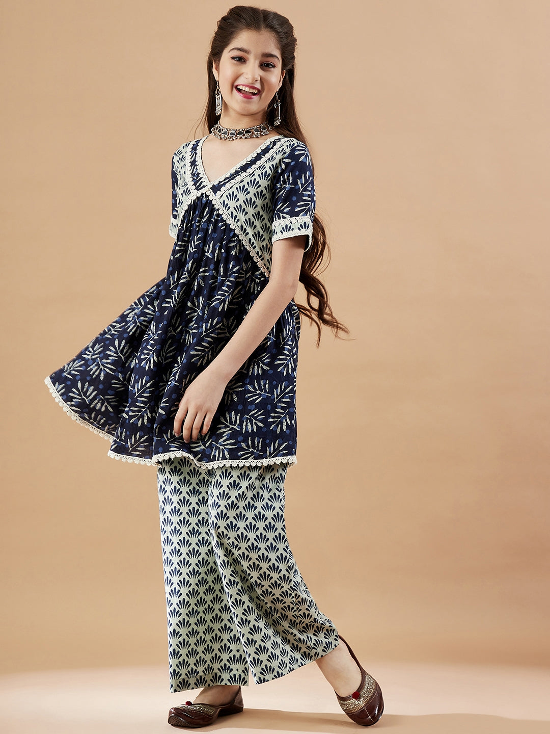 Girls Cotton Printed Panelled Kurti With Palazzos