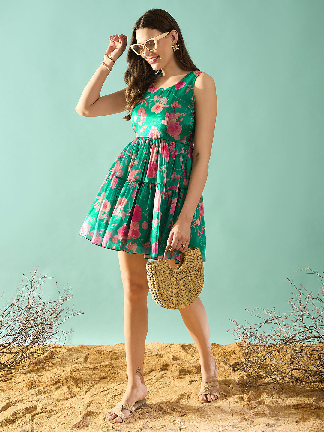 Green Floral Print Fit & Flare Dress