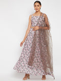Women Grey Floral Printed Regular Top with Skirt & With Dupatta
