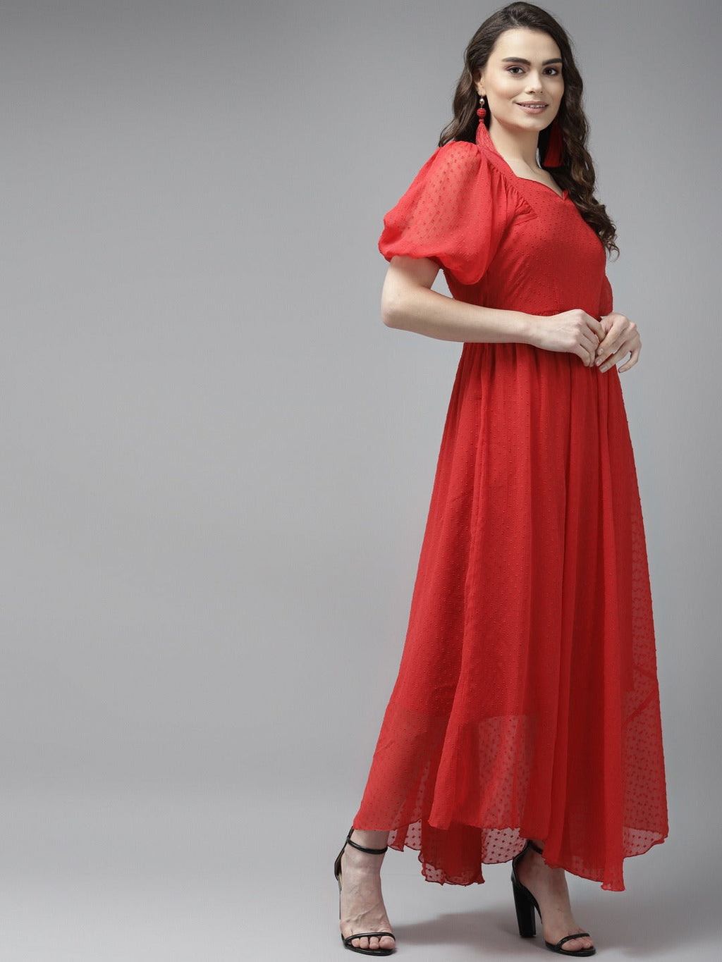PANIT Red Solid Georgette Dobby Maxi Fit  Flare Dress