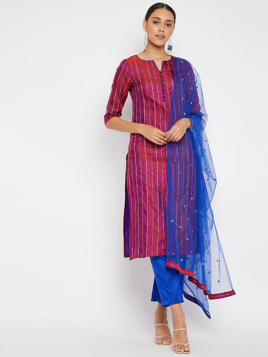 Women Purple Blue Sequin Straight Kurta Set with Dupatta