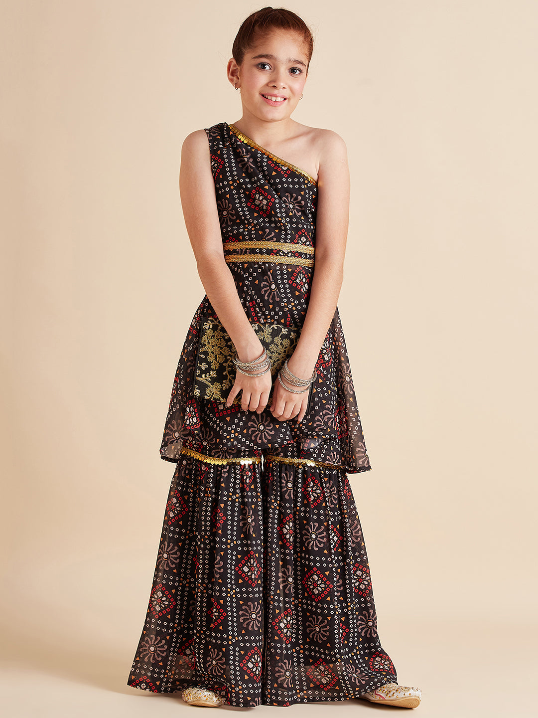 Girls Bandhani Printed Empire Gotta Patti Kurta with Sharara