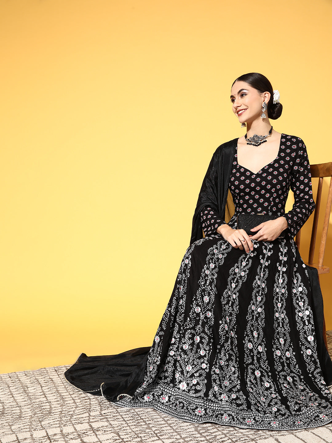 PANIT Black Ethnic Motifs Swirling Volume Dress