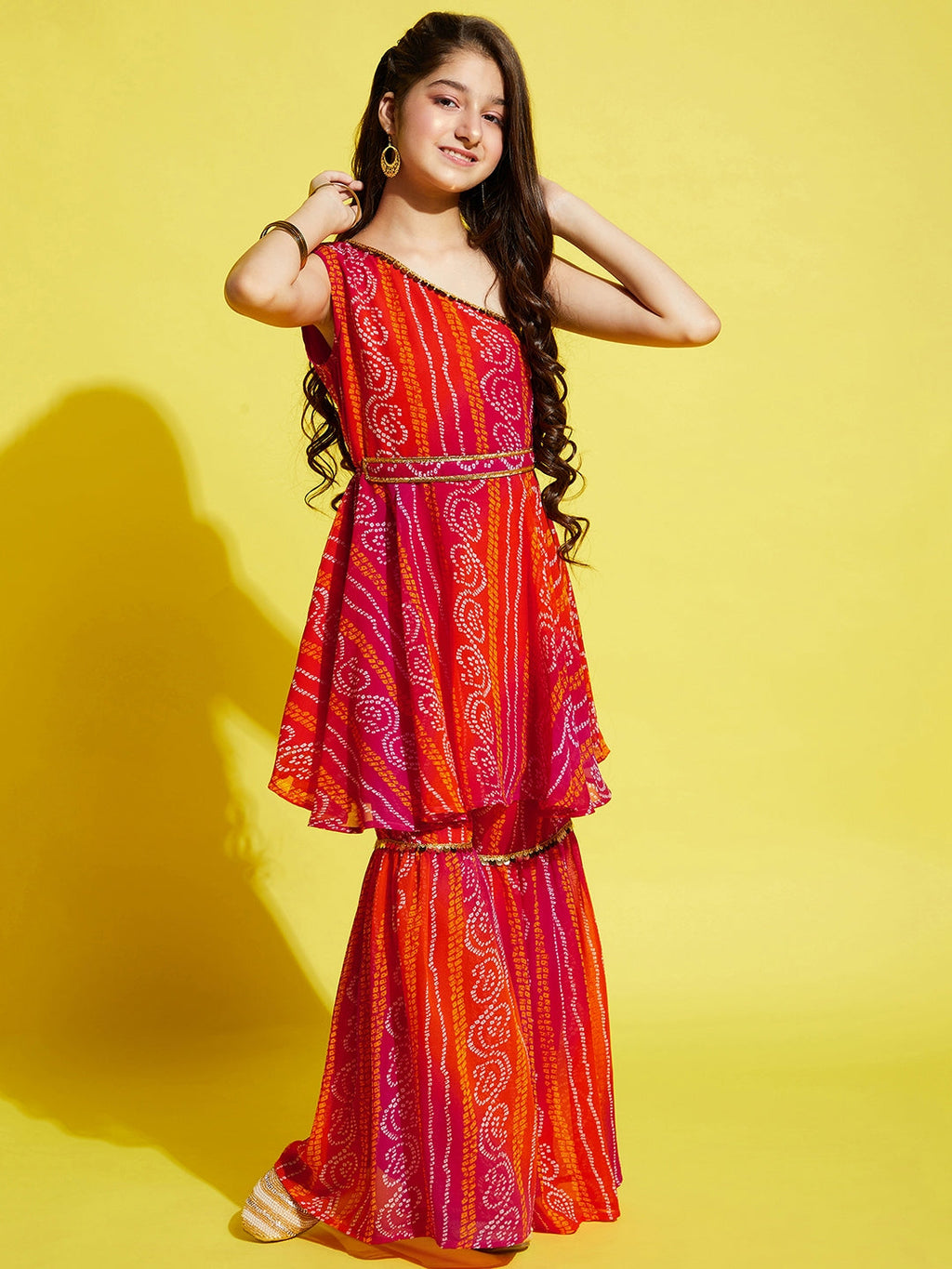 Girls Orange & Pink Bandhani Printed A-Line Kurta with