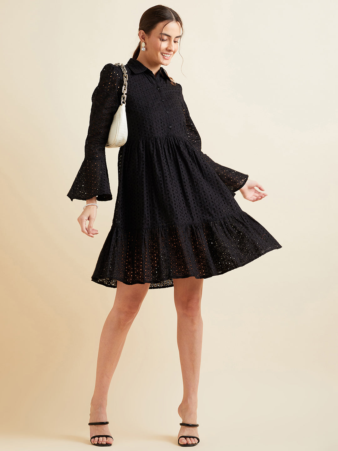 Women Black Shirt Collar Bell Sleeve Ruffled Schiffli Cotton A-line Dress