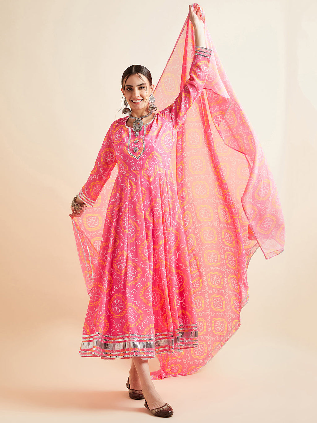 Bandhani Printed Fit & Flared Maxi Ethnic Dress With Dupatta