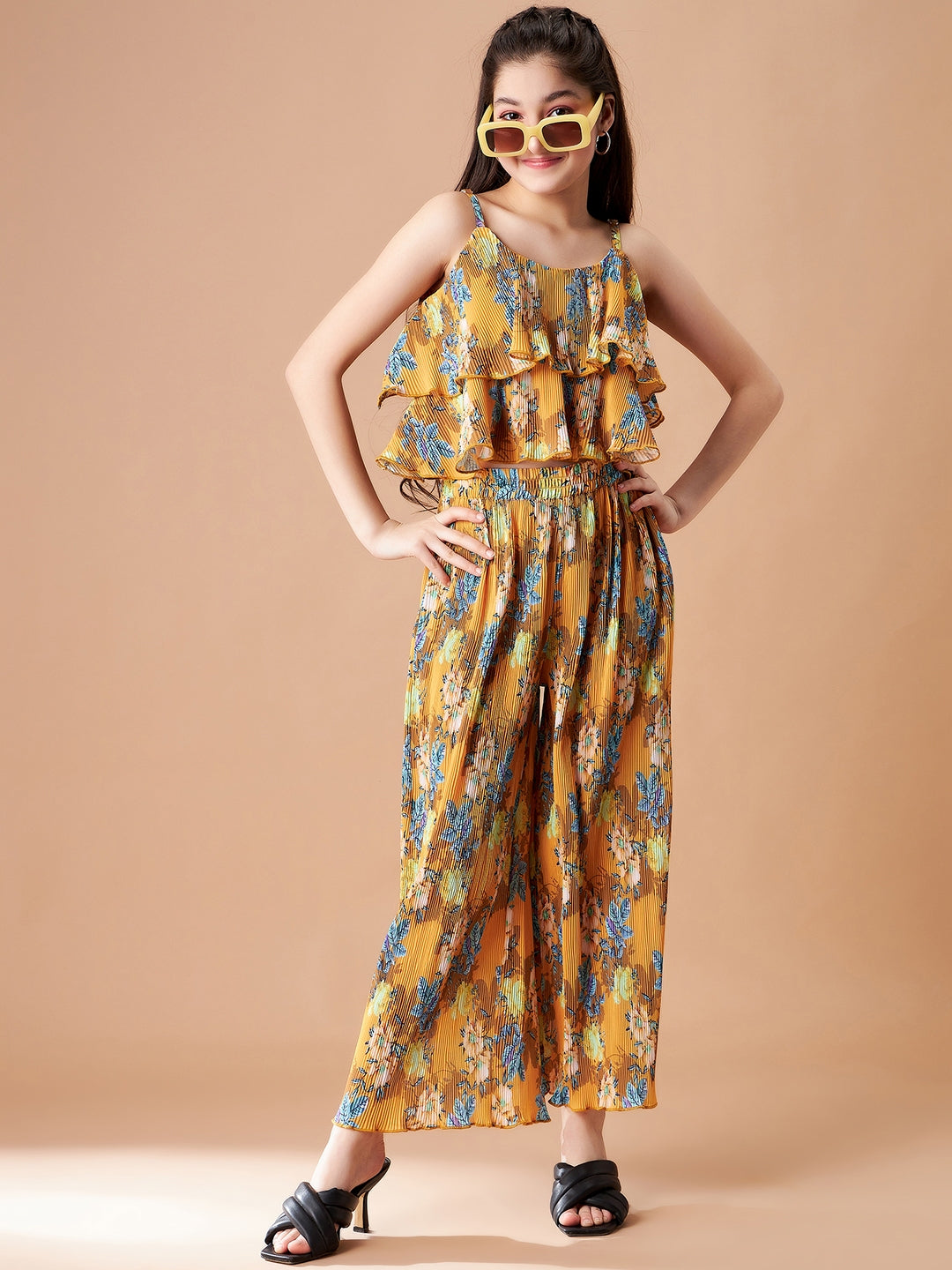 Girls Yellow Floral Printed Top with Trousers