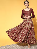 PANIT Maroon Ethnic Motifs Swirling Volume Dress