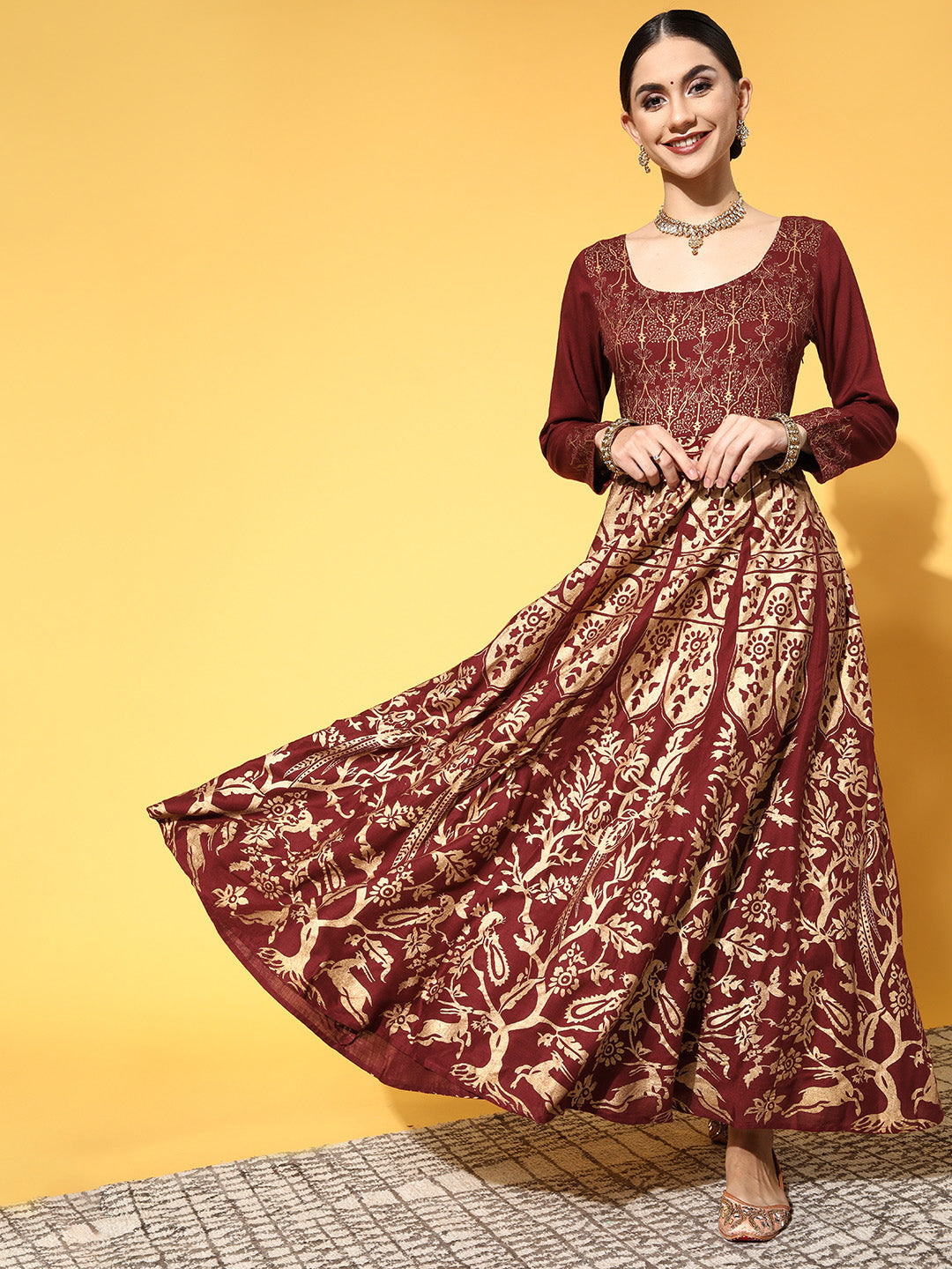 PANIT Maroon Ethnic Motifs Swirling Volume Dress