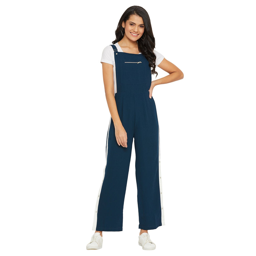 Teal solid dungarees with side stripes detail