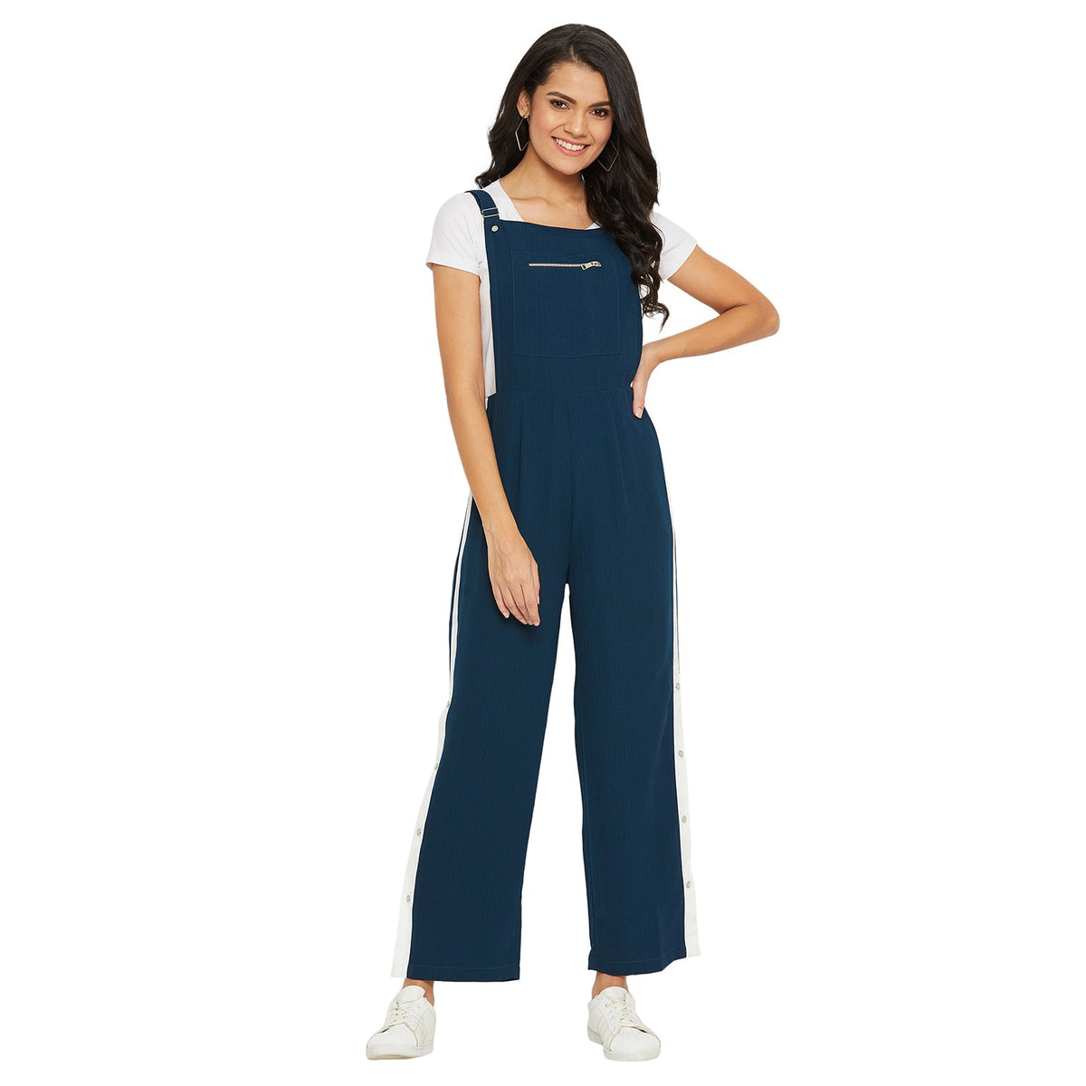 Teal solid dungarees with side stripes detail