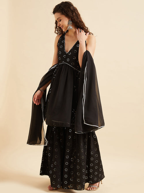 Black Embellished Mirror Work Kurta With Sharara & Dupatta