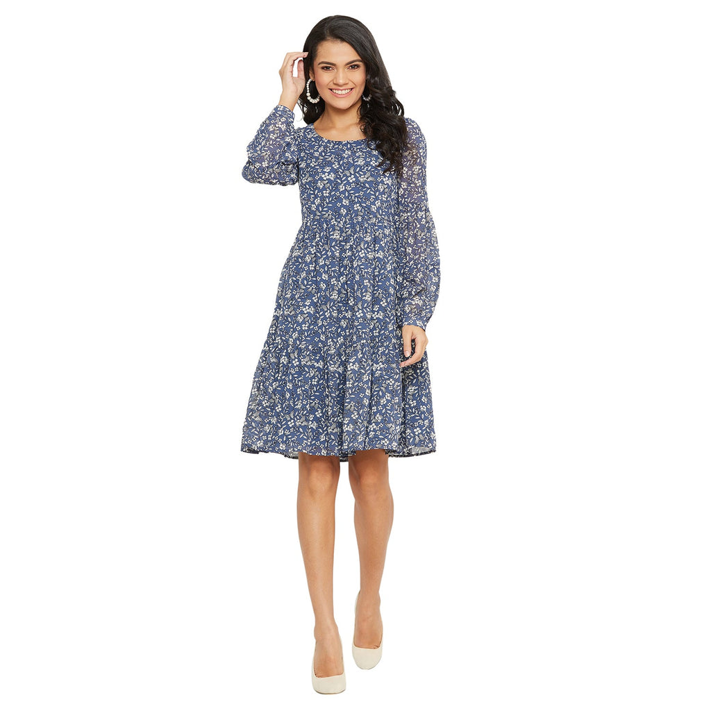 Women Blue Print Tiered A-Line Dress