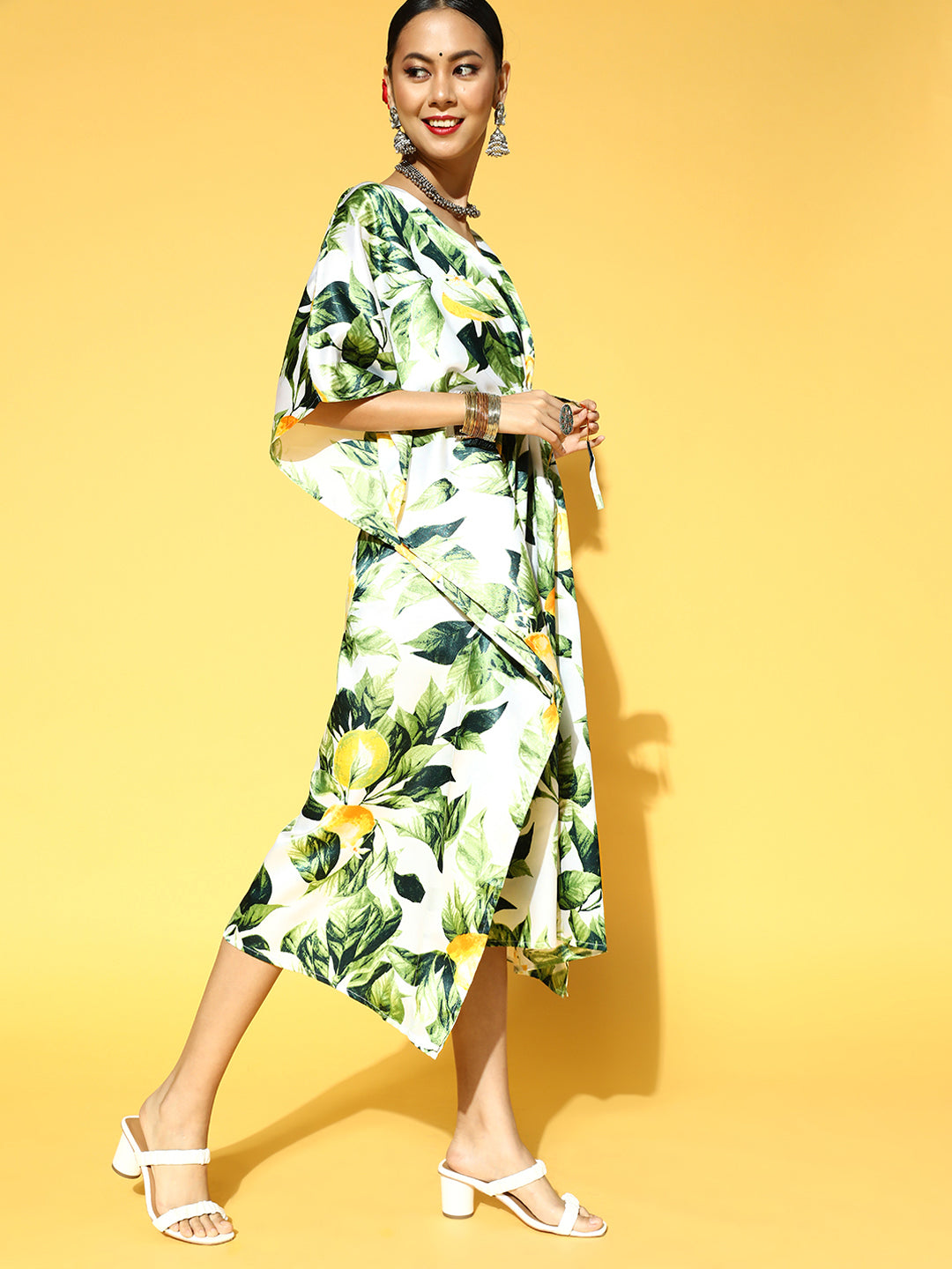 Green & White Floral Satin Ethnic Kaftan Dress