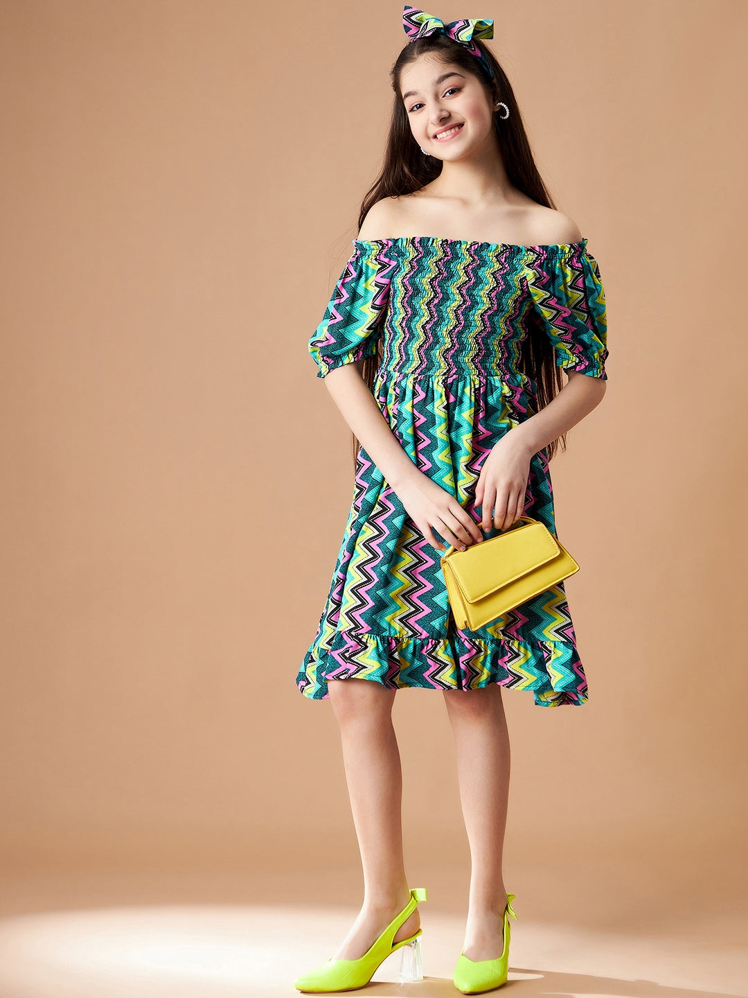 Chevron Printed Off-Shoulder Crepe A-Line Dress