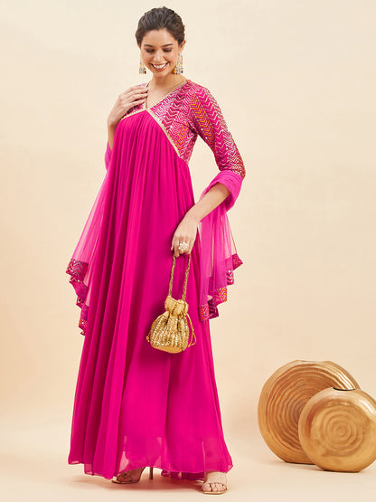 Sequinned Embellished Empire Maxi Ethnic Dress With Dupatta