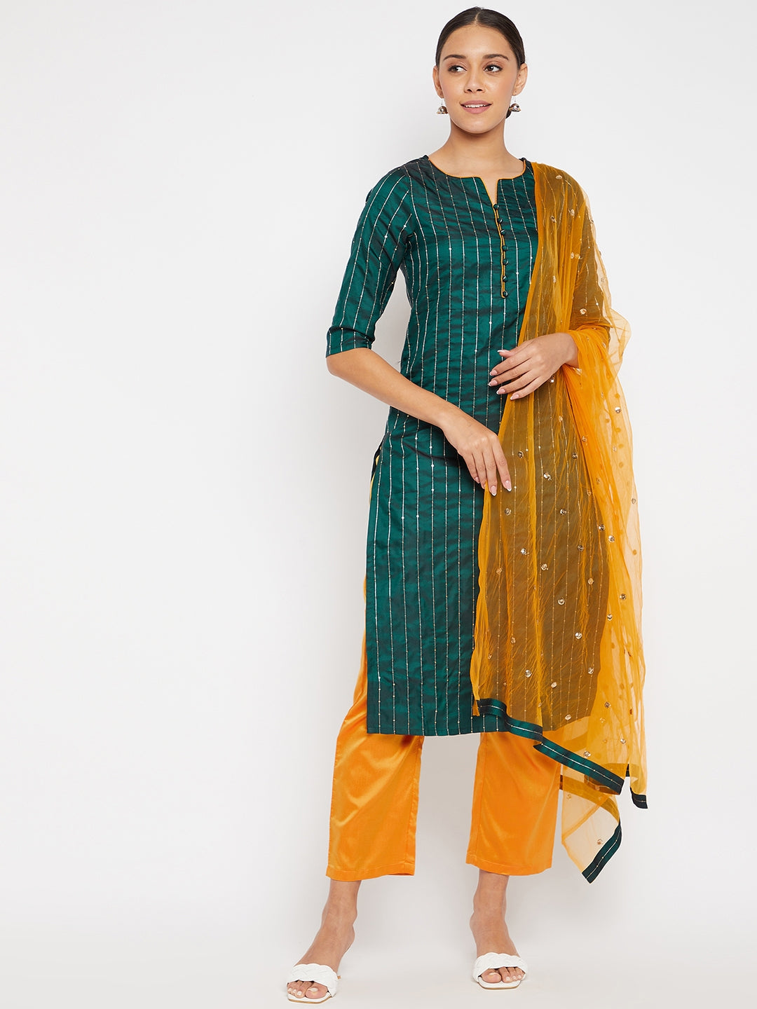 Women Green Mustard Sequin Straight Kurta Set with Dupatta