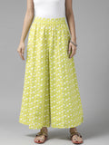 Women Lime Green & White Ethnic Motifs Printed Cotton Palazzos